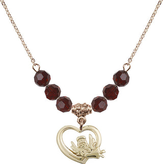18" Hamilton Gold Plated Necklace with 4mm Garnet Crystal Beads featuring a 14kt Gold Filled Heart / Guardian Angel Medal.
