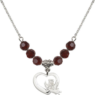 18" Rhodium Plated Necklace with 4mm Garnet Crystal Beads featuring a Sterling Silver Heart / Guardian Angel Medal.