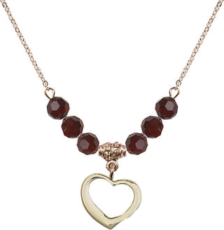 18" Hamilton Gold Plated Necklace with 4mm Garnet Crystal Beads featuring a 14kt Gold Filled Heart Medal.