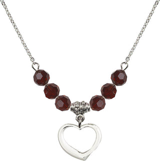 18" Rhodium Plated Necklace with 4mm Garnet Crystal Beads featuring a Sterling Silver Heart Medal.