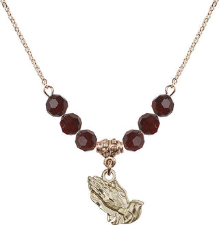 18" Hamilton Gold Plated Necklace with 4mm Garnet Crystal Beads featuring a 14kt Gold Filled Praying Hands Medal.