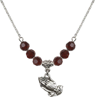 18" Rhodium Plated Necklace with 4mm Garnet Crystal Beads featuring a Sterling Silver Praying Hands Medal.