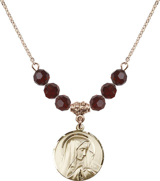 18" Hamilton Gold Plated Necklace with 4mm Garnet Crystal Beads featuring a 14kt Gold Filled Sorrowful Mother Medal.