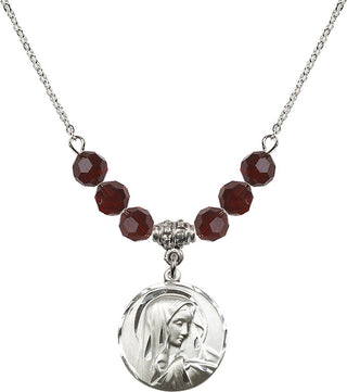 18" Rhodium Plated Necklace with 4mm Garnet Crystal Beads featuring a Sterling Silver Sorrowful Mother Medal.