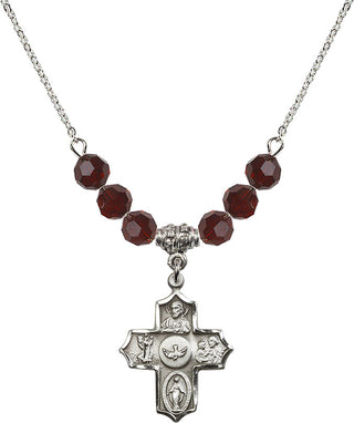 18" Rhodium Plated Necklace with 4mm Garnet Crystal Beads featuring a Sterling Silver 5-Way Medal.