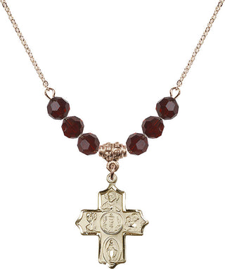 18" Hamilton Gold Plated Necklace with 4mm Garnet Crystal Beads featuring a 14kt Gold Filled 4-Way Medal.