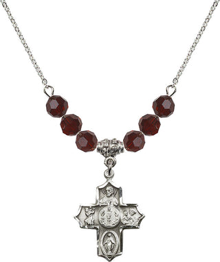 18" Rhodium Plated Necklace with 4mm Garnet Crystal Beads featuring a Sterling Silver 4-Way Medal.