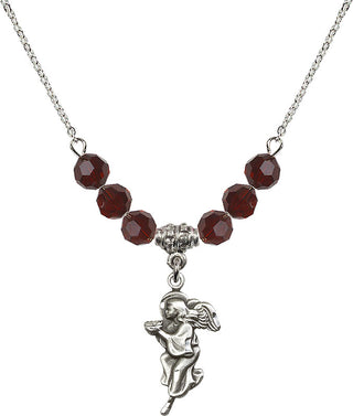 18" Rhodium Plated Necklace with 4mm Garnet Crystal Beads featuring a Sterling Silver Guardian Angel Medal.