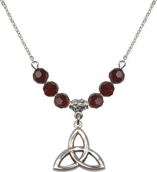 18" Rhodium Plated Necklace with 4mm Garnet Crystal Beads featuring a Sterling Silver Trinity Irish Knot Medal.