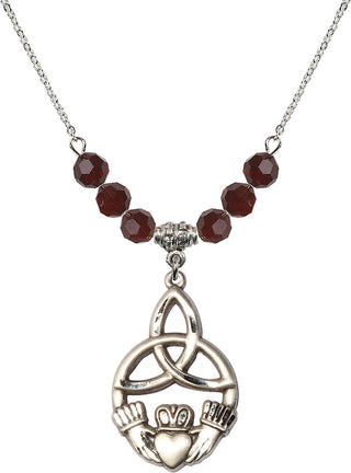 18" Rhodium Plated Necklace with 4mm Garnet Crystal Beads featuring a Sterling Silver Irish Knot / Claddagh Medal.