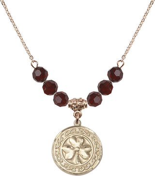 18" Hamilton Gold Plated Necklace with 4mm Garnet Crystal Beads featuring a 14kt Gold Filled Shamrock with Celtic Border Medal.