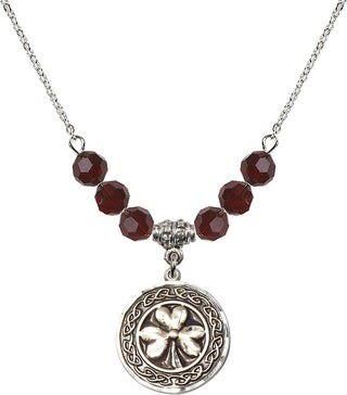 18" Rhodium Plated Necklace with 4mm Garnet Crystal Beads featuring a Sterling Silver Shamrock with Celtic Border Medal.