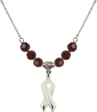 18" Rhodium Plated Necklace with 4mm Garnet Crystal Beads featuring a Sterling Silver Cancer Awareness Medal.