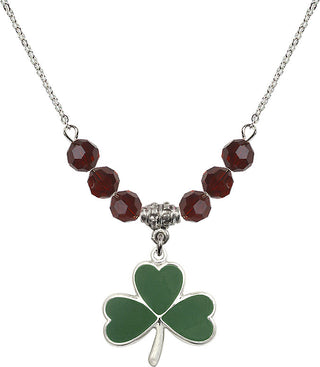18" Rhodium Plated Necklace with 4mm Garnet Crystal Beads featuring a Sterling Silver Shamrock Medal.