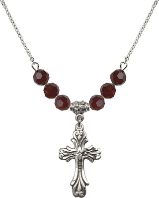 18" Rhodium Plated Necklace with 4mm Garnet Crystal Beads featuring a Sterling Silver Cross Medal.