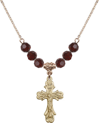 18" Hamilton Gold Plated Necklace with 4mm Garnet Crystal Beads featuring a 14kt Gold Filled Crucifix Medal.