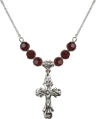 18" Rhodium Plated Necklace with 4mm Garnet Crystal Beads featuring a Sterling Silver Crucifix Medal.