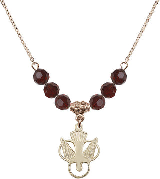 18" Hamilton Gold Plated Necklace with 4mm Garnet Crystal Beads featuring a 14kt Gold Filled Holy Spirit Medal.