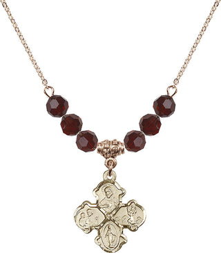 18" Hamilton Gold Plated Necklace with 4mm Garnet Crystal Beads featuring a 14kt Gold Filled 4-Way Medal.