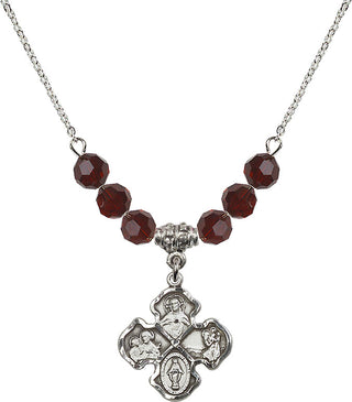 18" Rhodium Plated Necklace with 4mm Garnet Crystal Beads featuring a Sterling Silver 4-Way Medal.