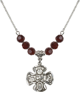 18" Rhodium Plated Necklace with 4mm Garnet Crystal Beads featuring a Sterling Silver 5-Way Medal.