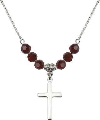 18" Rhodium Plated Necklace with 4mm Garnet Crystal Beads featuring a Sterling Silver Cross Medal.
