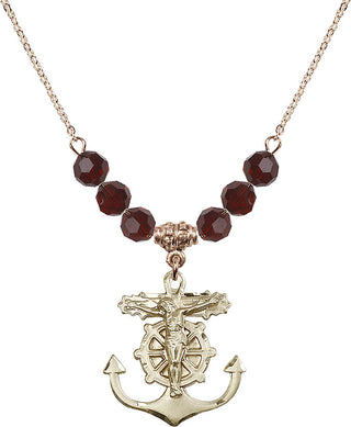 18" Hamilton Gold Plated Necklace with 4mm Garnet Crystal Beads featuring a 14kt Gold Filled Anchor Crucifix Medal.