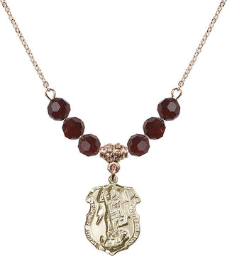 18" Hamilton Gold Plated Necklace with 4mm Garnet Crystal Beads featuring a 14kt Gold Filled Saint Michael the Archangel Medal. Engraved Catholic Saint Jewelry