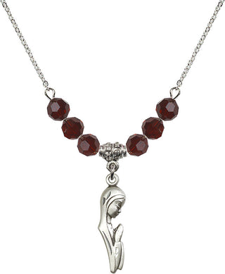18" Rhodium Plated Necklace with 4mm Garnet Crystal Beads featuring a Sterling Silver Madonna Medal.