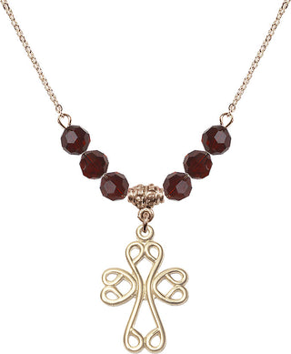 18" Hamilton Gold Plated Necklace with 4mm Garnet Crystal Beads featuring a 14kt Gold Filled Scroll Cross Medal.