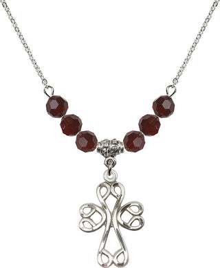 18" Rhodium Plated Necklace with 4mm Garnet Crystal Beads featuring a Sterling Silver Scroll Cross Medal.