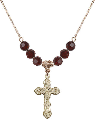 18" Hamilton Gold Plated Necklace with 4mm Garnet Crystal Beads featuring a 14kt Gold Filled Cross Medal. Engraved Catholic Saint Jewelry