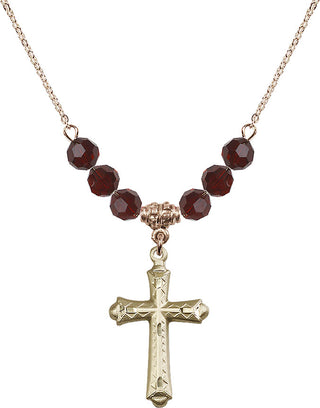 18" Hamilton Gold Plated Necklace with 4mm Garnet Crystal Beads featuring a 14kt Gold Filled Cross Medal. Engraved Catholic Saint Jewelry