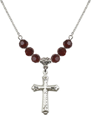 18" Rhodium Plated Necklace with 4mm Garnet Crystal Beads featuring a Sterling Silver Cross Medal. Engraved Catholic Saint Jewelry
