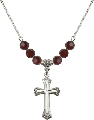 18" Rhodium Plated Necklace with 4mm Garnet Crystal Beads featuring a Sterling Silver Cross Medal. Engraved Catholic Saint Jewelry