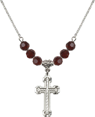 18" Rhodium Plated Necklace with 4mm Garnet Crystal Beads featuring a Sterling Silver Cross Medal.