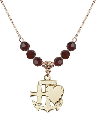 18" Hamilton Gold Plated Necklace with 4mm Garnet Crystal Beads featuring a 14kt Gold Filled Faith, Hope & Charity Medal.