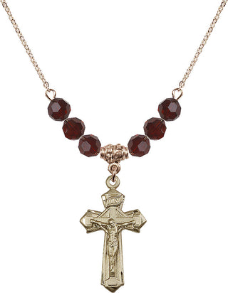 18" Hamilton Gold Plated Necklace with 4mm Garnet Crystal Beads featuring a 14kt Gold Filled Crucifix Medal.