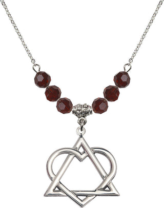 18" Rhodium Plated Necklace with 4mm Garnet Crystal Beads featuring a Sterling Silver Adoption Heart Medal.