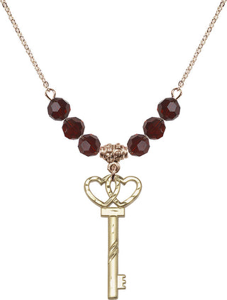 18" Hamilton Gold Plated Necklace with 4mm Garnet Crystal Beads featuring a 14kt Gold Filled Small Key w/Double Hearts Medal.
