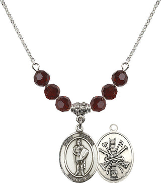 18" Rhodium Plated Necklace with 4mm Garnet Crystal Beads featuring a Sterling Silver Saint Florian/Firefighter Medal.