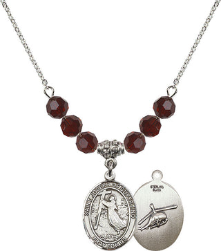 18" Rhodium Plated Necklace with 4mm Garnet Crystal Beads featuring a Sterling Silver Saint Joseph of Cupertino/Heleco Medal.