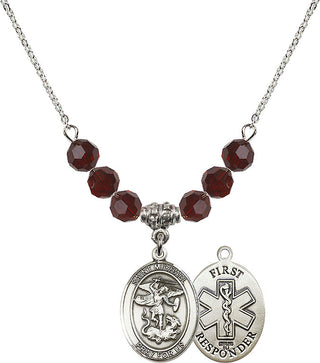 18" Rhodium Plated Necklace with 4mm Garnet Crystal Beads featuring a Sterling Silver Saint Michael/1St Responder Medal.