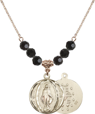 18" Hamilton Gold Plated Necklace with 4mm Jet Crystal Beads featuring a 14kt Gold Filled Miraculous Medal.