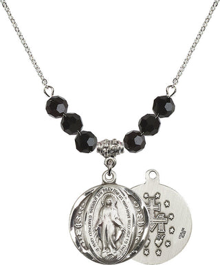 18" Rhodium Plated Necklace with 4mm Jet Crystal Beads featuring a Sterling Silver Miraculous Medal.