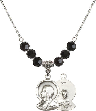 18" Rhodium Plated Necklace with 4mm Jet Crystal Beads featuring a Sterling Silver Madonna Medal.