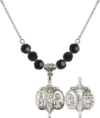 18" Rhodium Plated Necklace with 4mm Jet Crystal Beads featuring a Sterling Silver Novena Medal.