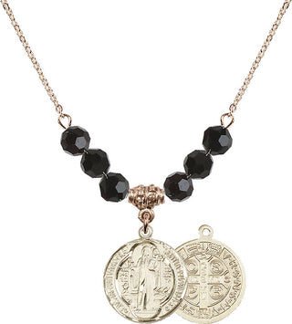 18" Hamilton Gold Plated Necklace with 4mm Jet Crystal Beads featuring a 14kt Gold Filled Saint Benedict Medal.