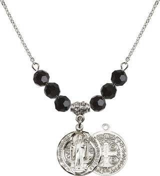 18" Rhodium Plated Necklace with 4mm Jet Crystal Beads featuring a Sterling Silver Saint Benedict Medal.