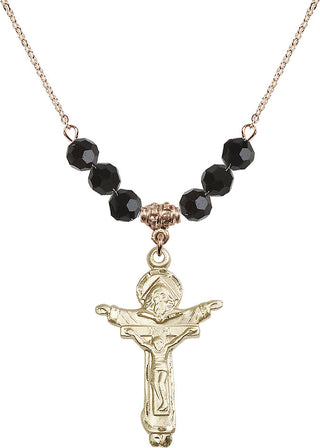 18" Hamilton Gold Plated Necklace with 4mm Jet Crystal Beads featuring a 14kt Gold Filled Trinity Crucifix Medal.